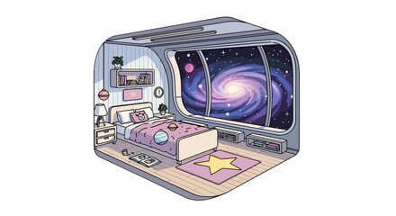 Cozy futuristic bedroom in a spaceship with a large window view of a spiral galaxy.