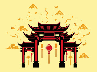 Naklejka premium Traditional Chinese Gate Lunar New Year Illustration