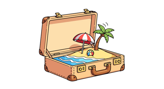 Creative concept of a tropical beach vacation packed inside a vintage suitcase.