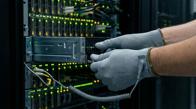 IT technician hands with anti-static gloves and wrist strap replacing server blade in data center - Powered by Adobe