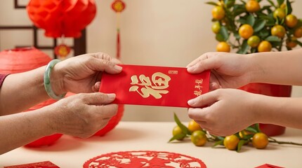 People exchanging red envelopes during a celebration at home with decorations and plants, symbolizing good luck and prosperity for the new year Generative AI