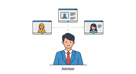 Cartoon Business Advisor with Client Profiles.