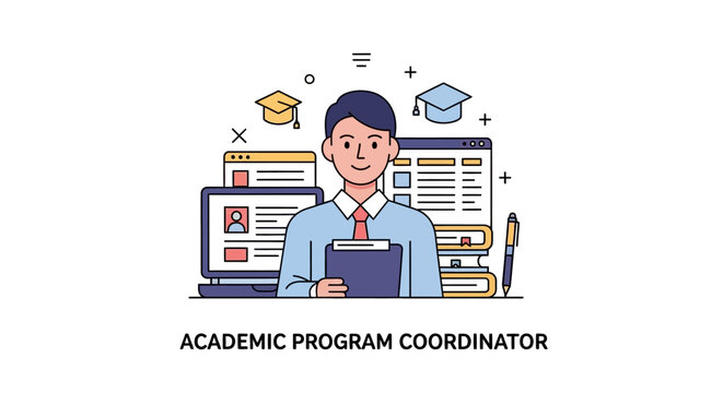 Cartoon Academic Program Coordinator with Documents.