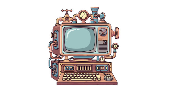 Elaborate steampunk computer contraption with monitor and keyboard illustration.