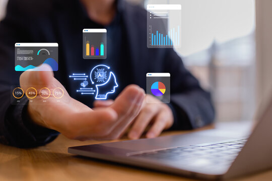 Business professional presenting artificial intelligence concept with data analytics dashboards, representing AI technology, machine learning, business intelligence, digital transformation and smart 