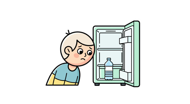 Sad cartoon boy looking into a nearly empty refrigerator.