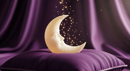 Serene Luminous Crescent Moon on Plush Purple Velvet Pillow with Golden Sparkles Dreamy Night Concept good night love
