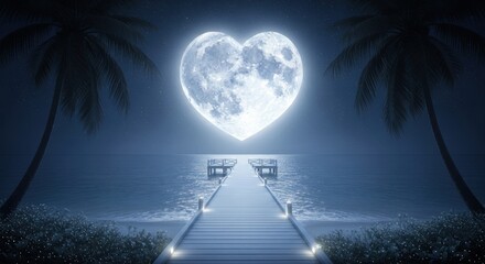 Romantic Heart Moon Over Tropical Ocean Pier at Night good night love