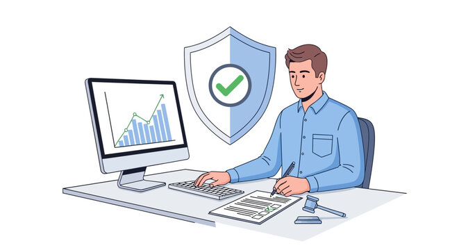 Man Ensuring Data Security at Desk.