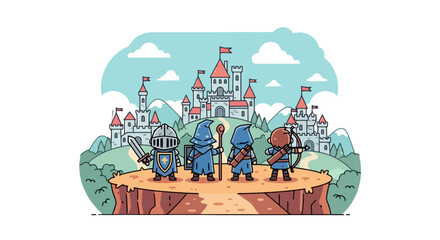 Naklejka premium A brave party of four fantasy adventurers on a quest.