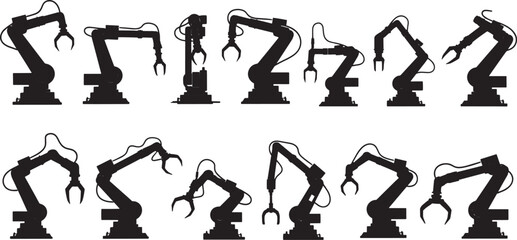 Set of silhouette robotic arms in various poses, symbolizing automation and industrial technology