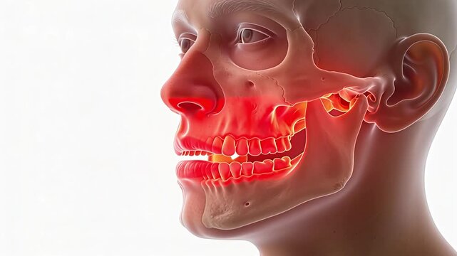 3D rendering of a human head with a highlighted jaw and teeth representing dental pain or temporomandibular joint disorder.