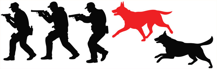 Silhouettes of police officers with dogs Isolated police unit on white background