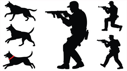 Police Officer and K9 Dog Silhouette Icon Set