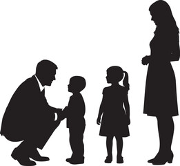 Silhouette of a family with two children, a man and a woman, in a formal setting