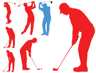 Golf Player Silhouette Icons, Golf Swing and Putting Poses Vector Set