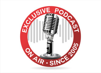 Podcast logo design. Retro vintage templates with microphones for online radio podcast and live broadcast 