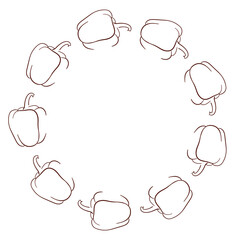 Bulgarian Pepper wreath in line art style. Design for vegan cafe isolated on white background.