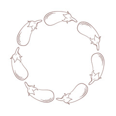 Wreath with eggplant in line art style isolated on a white background. Design for vegetarian cafe card.
