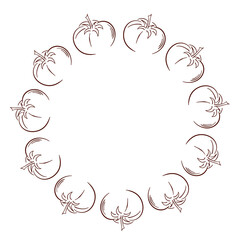 Wreath with Tomato in line art style isolated on white background. Design for grocery store packaging.