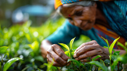 Obraz premium Tamil woman in traditional clothing picking fresh tea leaves on plantation, faceless worker, Sri Lanka agriculture, cultural practice, harvest activity, defocused tea garden, , wit