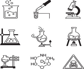 Obraz premium A vintage collection of black science and chemistry icons featuring a doodle sketch design of vector symbols and laboratory equipment in an artful silhouette illustration set.