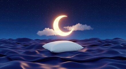 Peaceful Night Sleep Concept with Glowing Crescent Moon Stars and Pillow Floating on Serene Water good night love