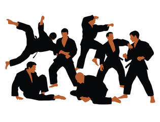 Action poses of martial arts fighters, karate and taekwondo illustration