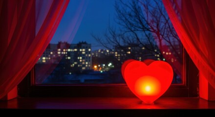 Romantic Night View Glowing Red Heart on Windowsill Overlooking City Lights at Dusk good night love