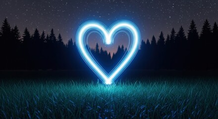 Glowing Blue Light Heart Symbol in Starry Night Landscape good night love