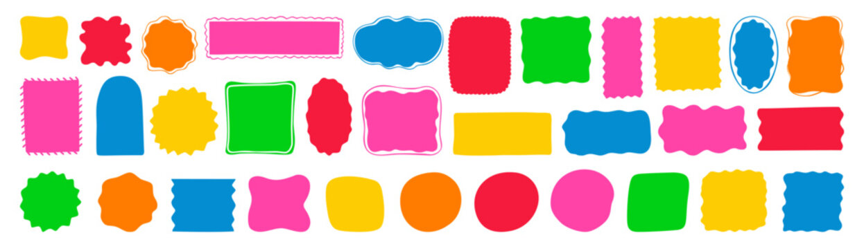 Abstract silhouette colorful shape set with wavy liquid forms and irregular geometric frames. Retro fluid blobs curves, scalloped edges and soft oval shape spots. Minimal abstract elements modern look