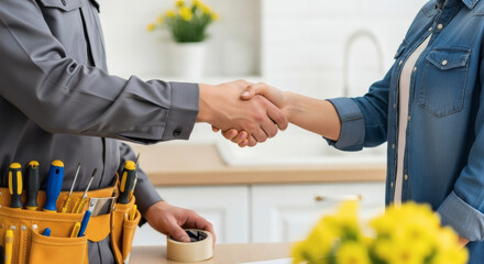 Handshake deal Plumber  Client agreement at a bright kitchen.