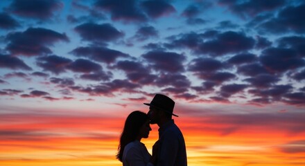 Romantic Sunset Embrace Silhouetted Couple Shares a Tender Moment Under a Vibrant Sky good night love