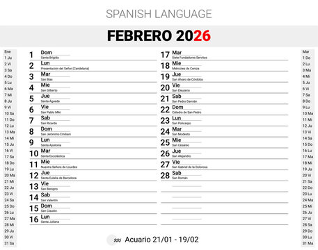 February 2026 Spain Calendar Page with Spanish Saints, Holidays and Aquarius Zodiac Sign
