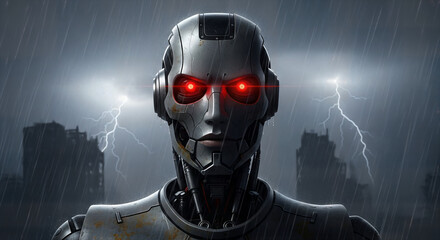 Menacing robot with glowing red eyes in a stormy, ruined city