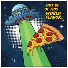 A slice of pepperoni pizza being beamed up by a flying saucer in outer space.
