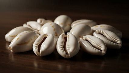 Pile of white cowrie shells with brown spots on a dark wooden surface seashells collection beach ocean marine nature