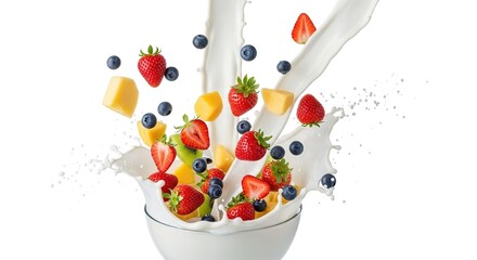 Vibrant fresh fruits (strawberries, blueberries, kiwi, cheese) splashing dynamically into a bowl of milk.