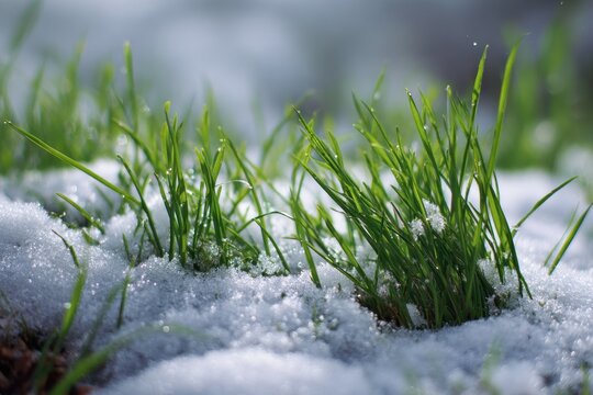 snow covered green grass early spring