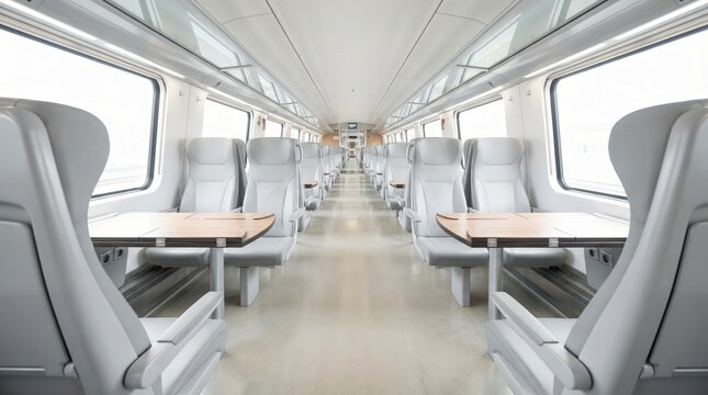 Modern luxury high-speed train passenger carriage interior displaying empty rows of comfortable ergonomic seats and tables with clear copy space for transportation and travel concepts.