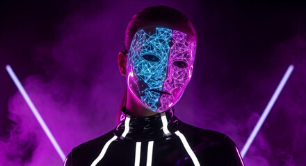 Woman with half robotic, half human face covered in geometric patterns