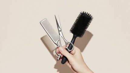 Hand holding hairdressing tools: scissors, comb, and brush on neutral background
