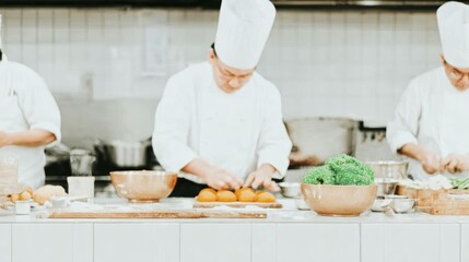 Professional chefs preparing gourmet dishes in modern restaurant kitchen