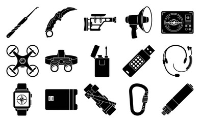 Flat Vector Spy Gadgets and Tactical Equipment Icon Set for Secret Service and Espionage Themes