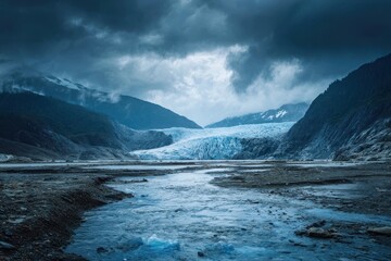 Naklejka premium Mendenhall Glacier with cloudy mountains and glimpses of a blue stream from melting ice symbol of climate change