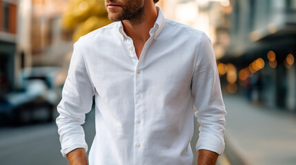 Person standing confidently in white shirt mockup on quiet urban street, faceless figure, late afternoon light, city setting, apparel presentation, defocused architecture, , with c