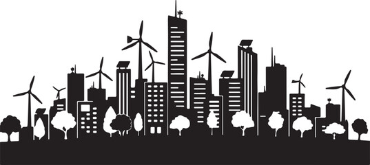 Eco-friendly city skyline with wind turbines and green trees