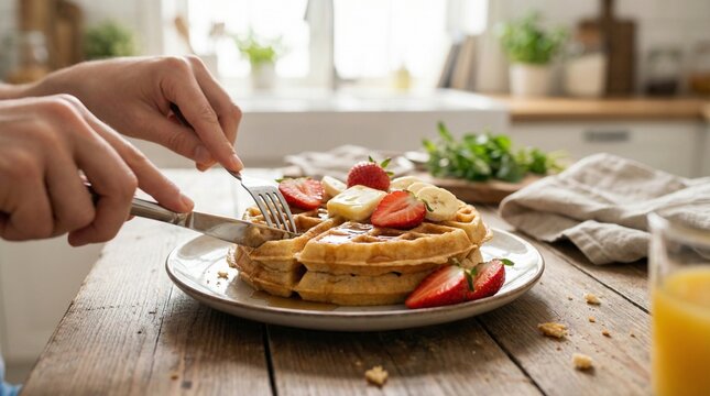 Primer plano de waffles reci&eacute;n hechos con banana y fresas, cortados con cuchillo y tenedor sobre un plato, luz natural y estilo culinario moderno.