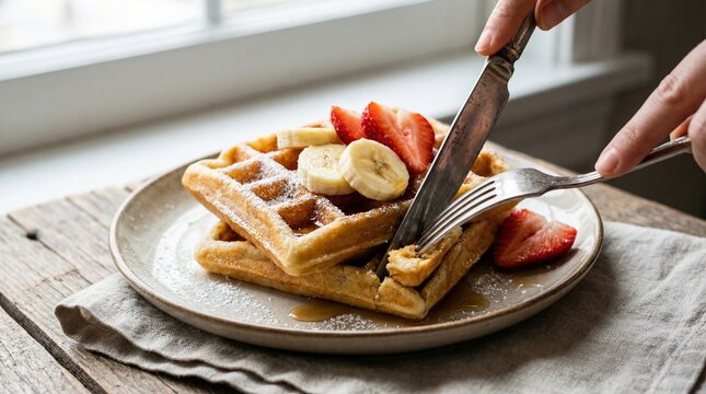 Primer plano de waffles reci&eacute;n hechos con banana y fresas, cortados con cuchillo y tenedor sobre un plato, luz natural y estilo culinario moderno.