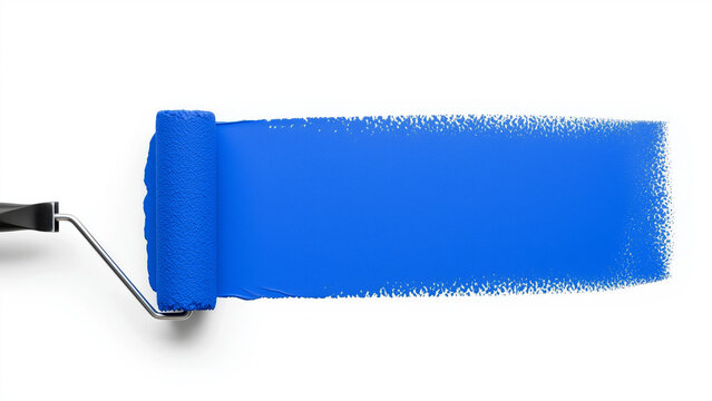 A paint roller applies a bold horizontal stripe of vibrant blue paint across a stark white background, creating a dynamic contrast
